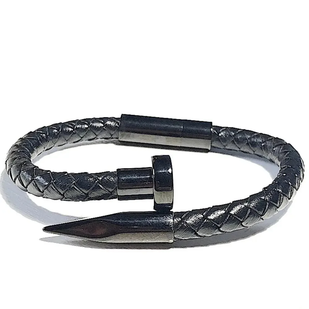 Black Leather Nail Magnetic Bracelet, Braided, Unisex